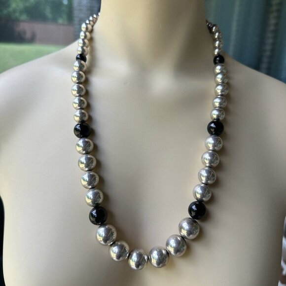 VTG Necklace24" Onyx Graduated Ball Beads Tongue Clasp 925 Sterling 107.7g - Picture 1 of 7